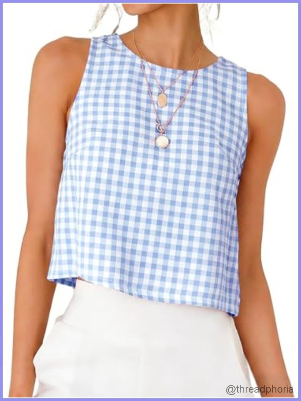 Women's Gingham Crop Tank Top Sleeveless High Neck Cotton Blend Summer Top